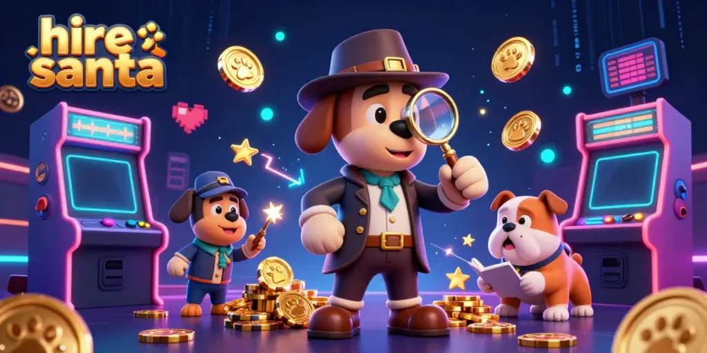 Hire Santa with playful gaming elements in a dynamic casino-themed illustration.