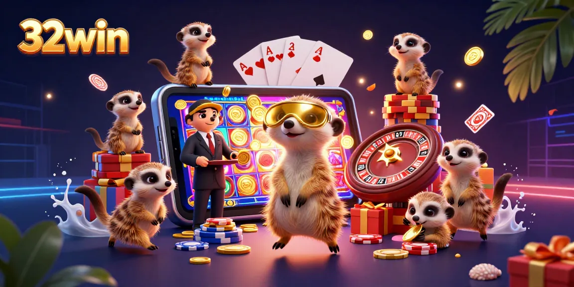 Experience thrilling gaming excitement at 32win with adorable meerkats operating a vibrant casino.