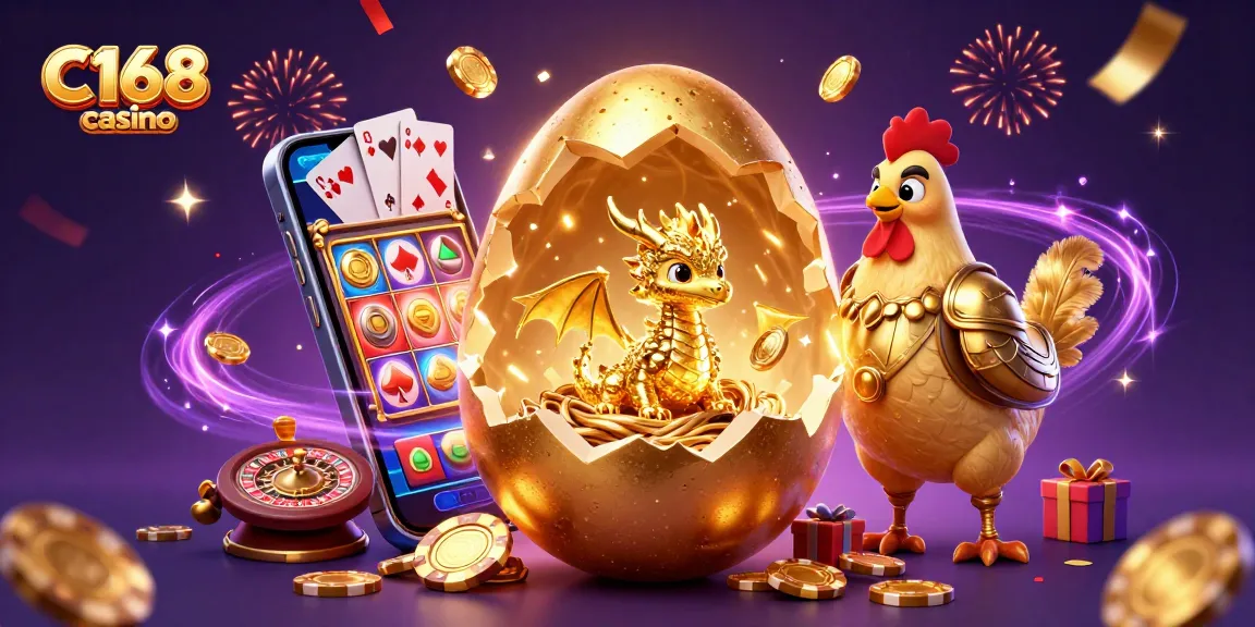 C168 casino captivating visual featuring a golden egg cracking open with gold dragon, poker chips, and gaming elements.