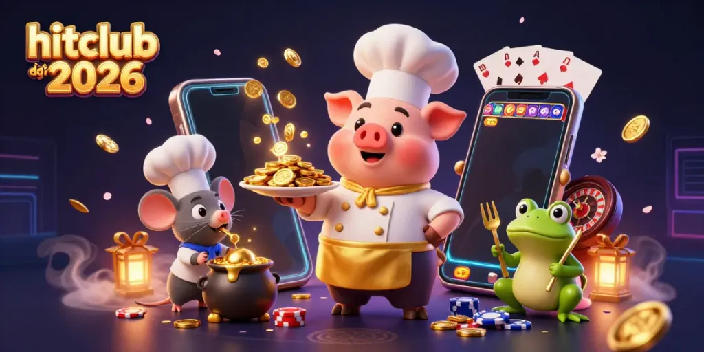 Experience hitclub đổi thưởng 2026 with vibrant 3D cartoon characters serving gold coins amidst casino elements.