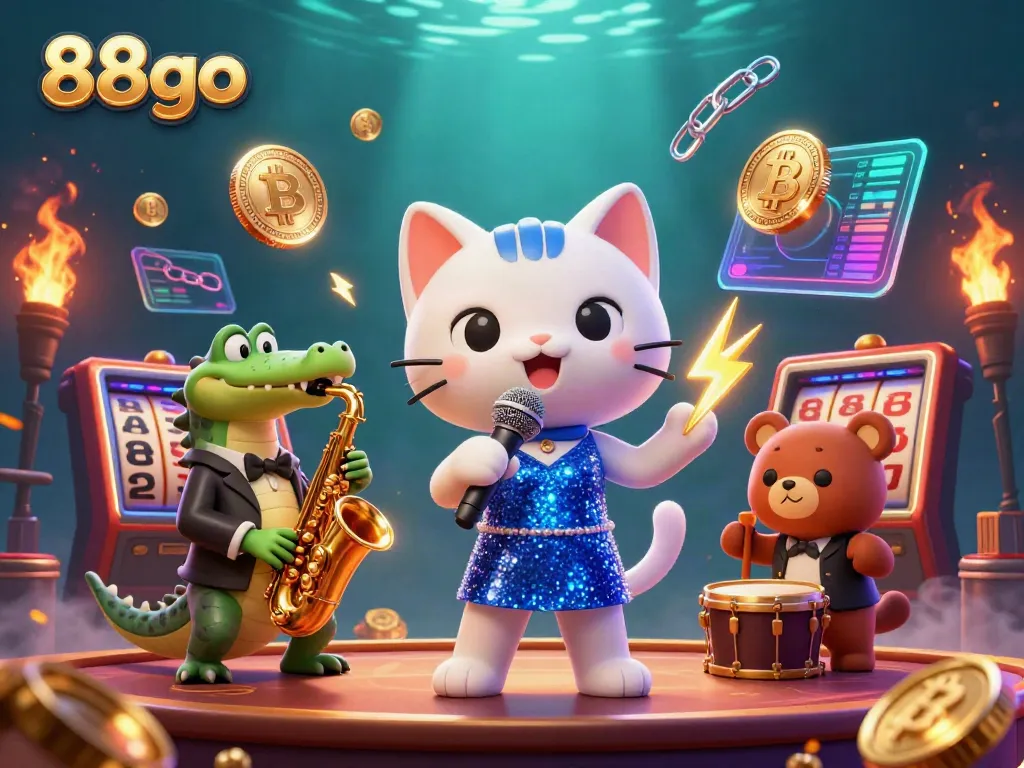 Experience the vibrant world of 88go with a jazzy cat and friends in a lively casino scene.