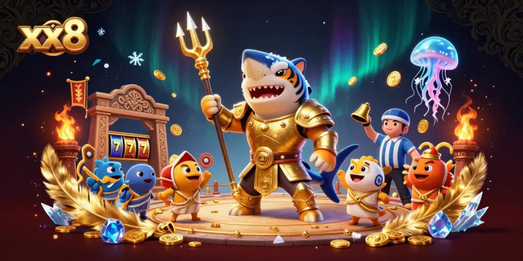 Betting with xx8 under rich casino atmosphere featuring a shark warrior and vibrant game elements.