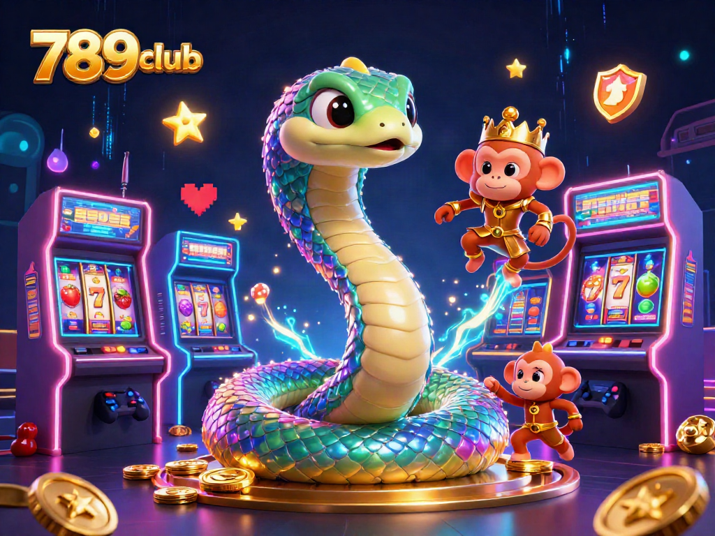 Engage with the vibrant 789club casino scene featuring a rainbow serpent, monkey king, and slot machines.