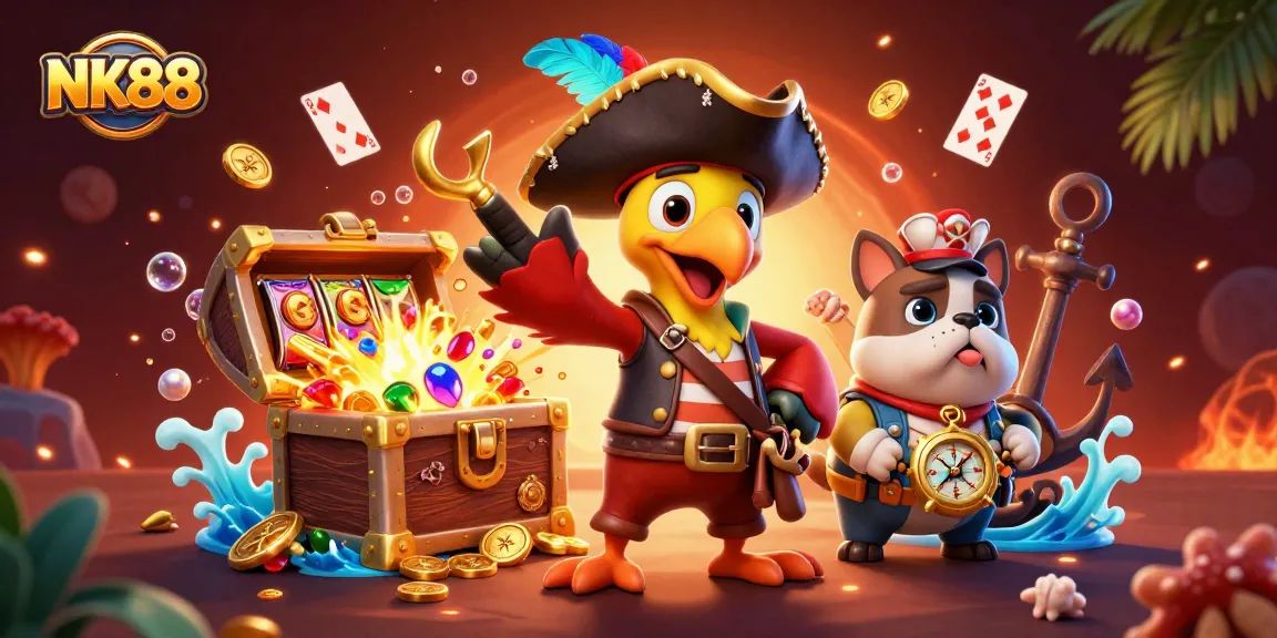 Engage with NK88's vibrant gaming scene featuring exciting slots and treasure in a colorful pirate theme.