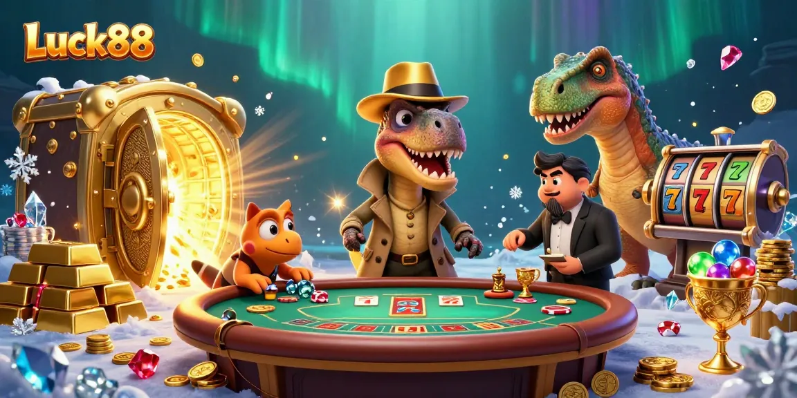 Engage with Luck88's thrilling blackjack scene featuring a velociraptor card counter amidst dazzling treasures.