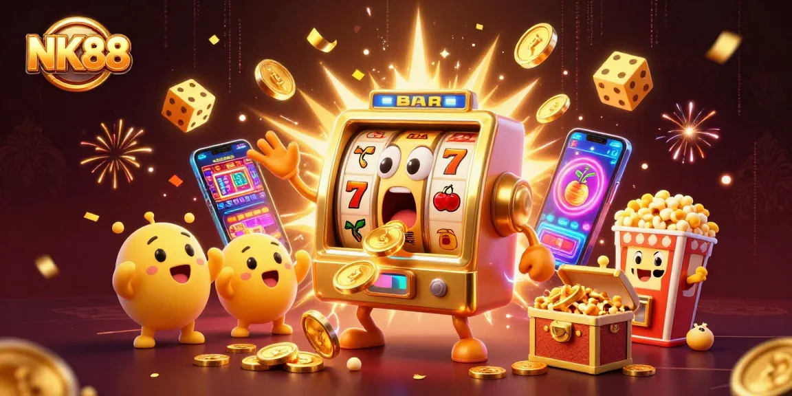 NK88 launches exciting golden slot wins as cheerful baby slots cheer in a vibrant casino scene