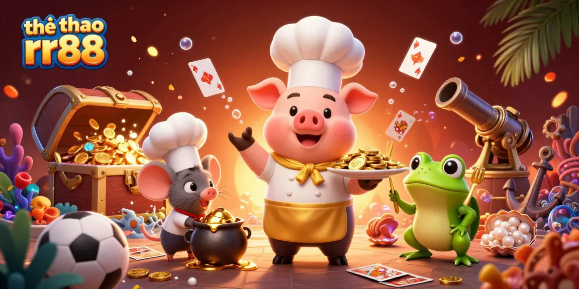 The dynamic scene showcases thể thao rr88 with fun characters in a vibrant sports betting atmosphere featuring a chef and a critic.