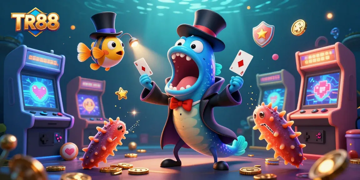 Engage with TR88's underwater casino magic featuring a bioluminescent eel performing card tricks with rich gaming elements.