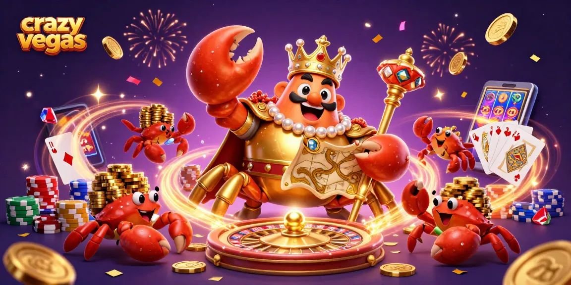 Win big at crazyvegas with a golden crab emperor, treasure map and vibrant casino scene.